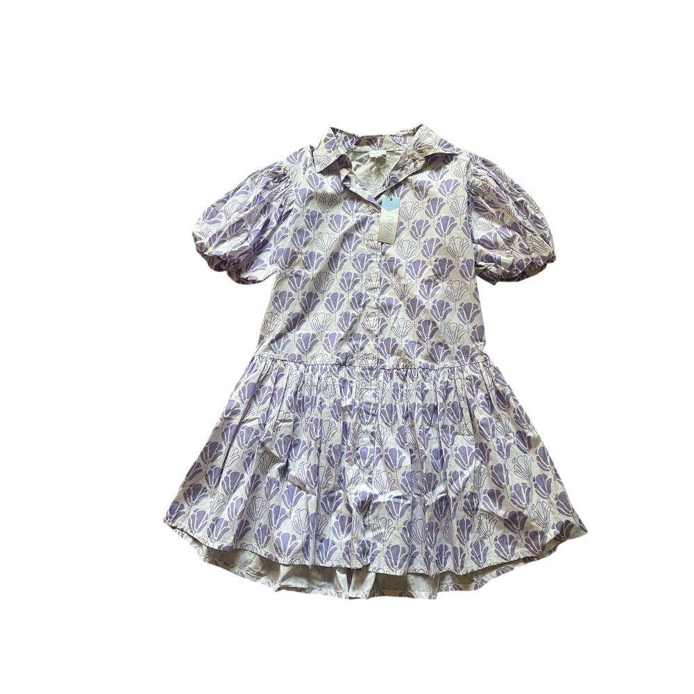 WKND Womens Drop Waist Frock Lavendar Tulips Puff Sleeve Size XS Floral Cotton